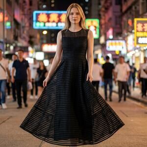 Black Textured Fit Flare Dress Sheer Mesh Stripe Skater Formal No Tag